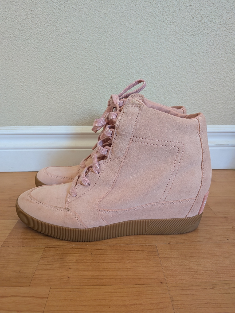 Sorel Out N About Pink Suede Wedge Sneakers